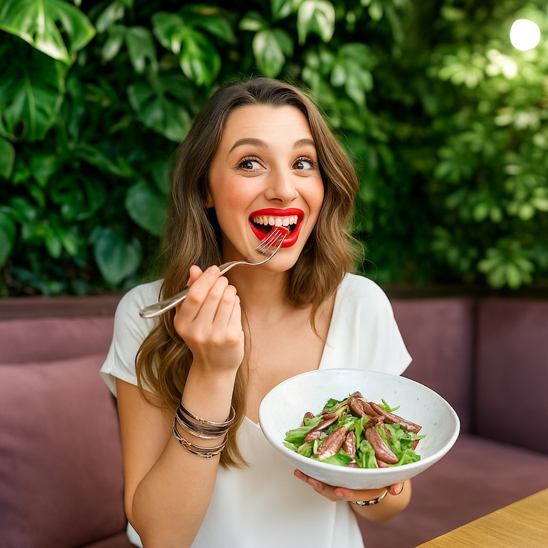 Mujer disfrutando de una ensalada practicando alimentación intuitiva